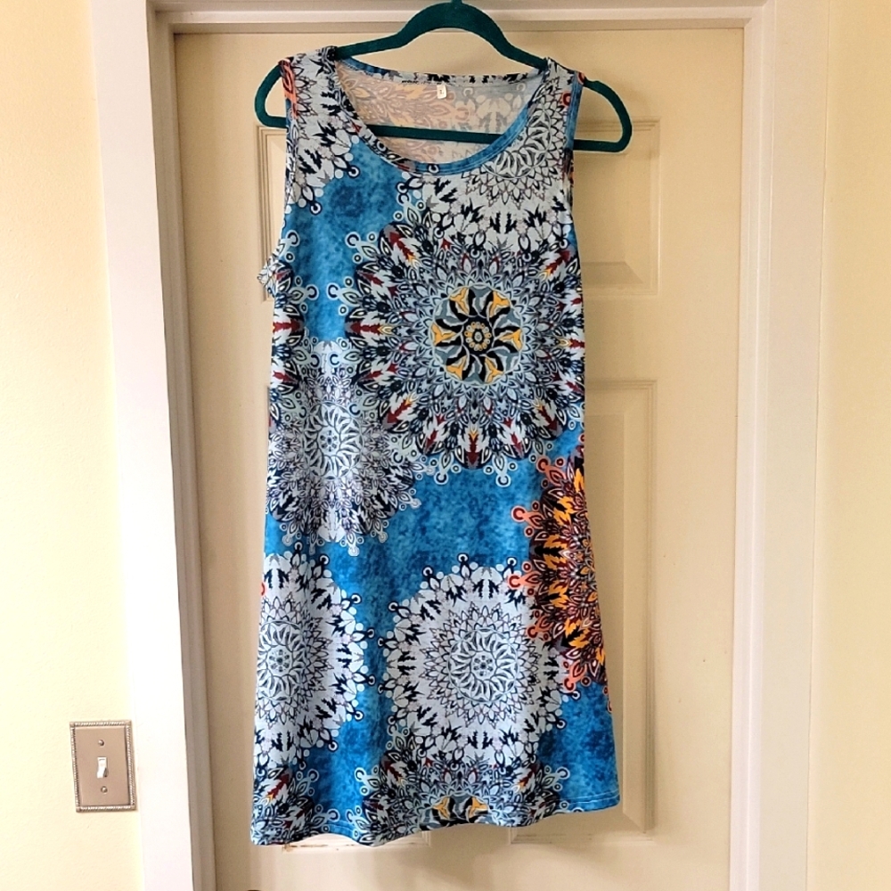 Sleeveless Blue and Orange Patterned Dress